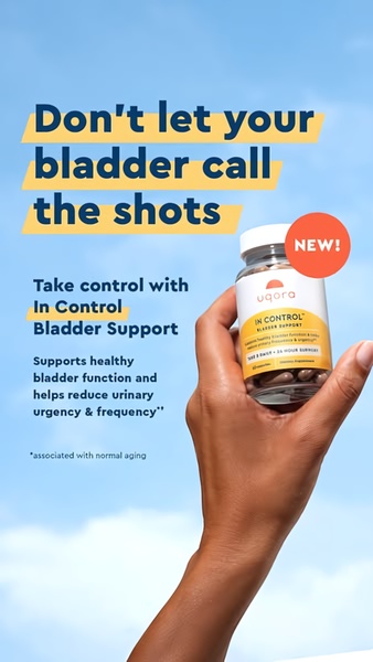 A high-visibility ad creative that features a hand holding a bottle of bladder support supplement against a clear sky to signal wellness and control.
